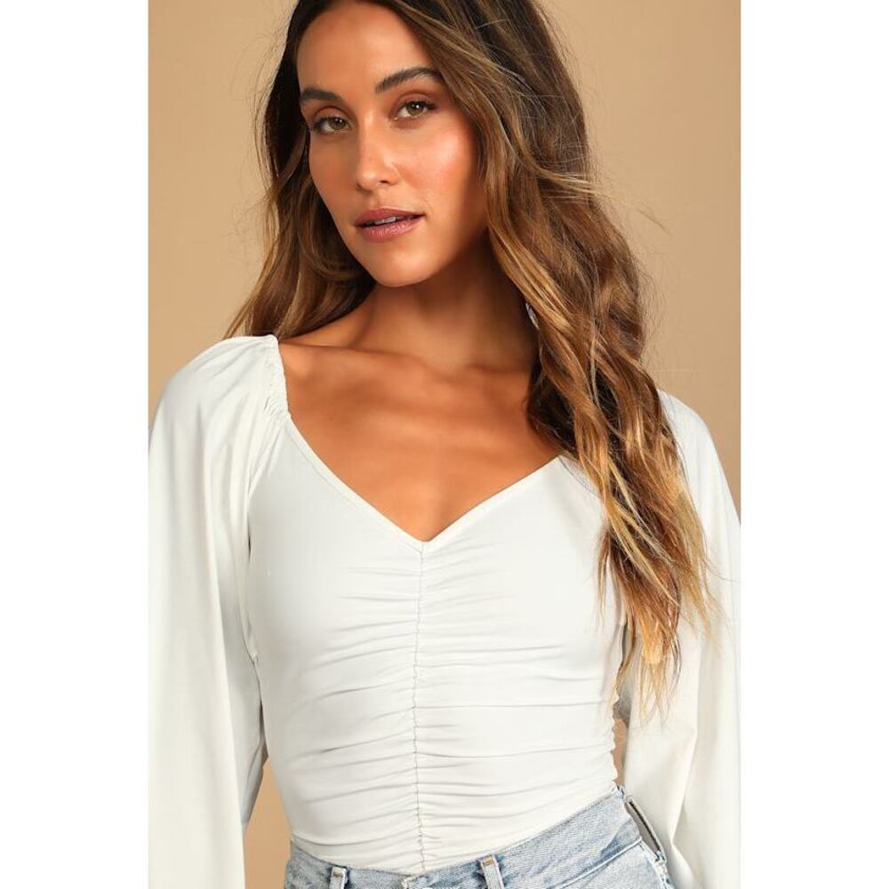 Lulus Certified Flirt White Ruched Long Sleeve Bodysuit - Size S